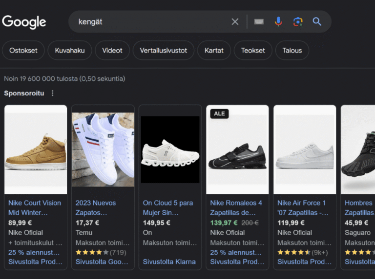 Kuva kengistä Google shoppin-osiosta hakutuloksissa.