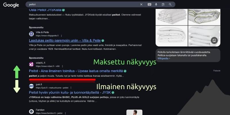 Maksullisen ja ilmaisen näkyvyyden erot hakutuloksissa.